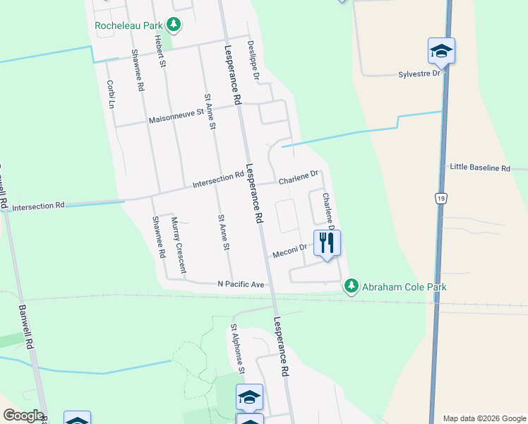 map of restaurants, bars, coffee shops, grocery stores, and more near 2032 Lesperance Road in Windsor