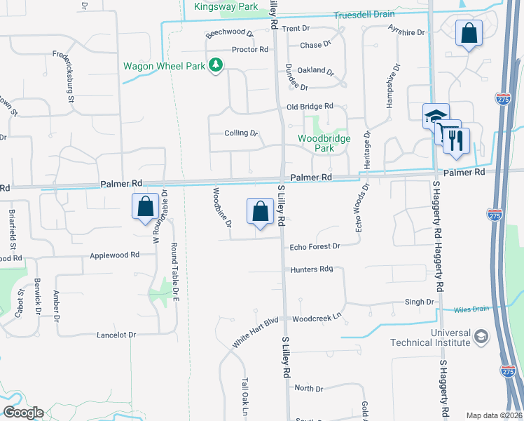 map of restaurants, bars, coffee shops, grocery stores, and more near 42215 Palmer Road in Canton