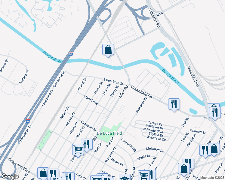 map of restaurants, bars, coffee shops, grocery stores, and more near 17134 Wood Street in Melvindale