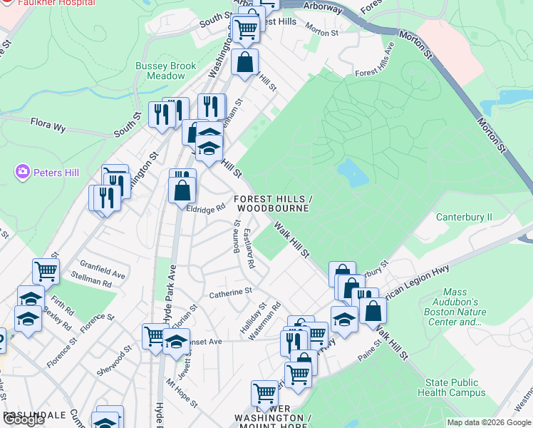 map of restaurants, bars, coffee shops, grocery stores, and more near Walk Hill Street in Boston