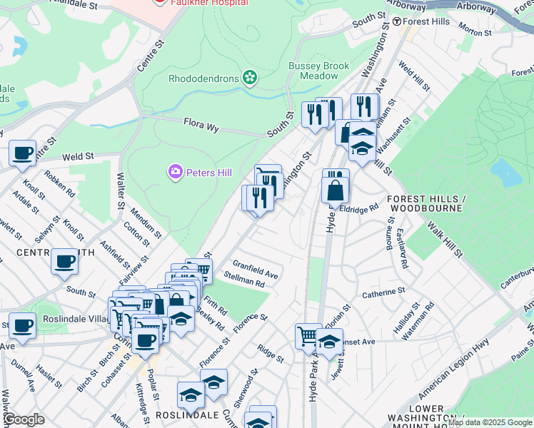 map of restaurants, bars, coffee shops, grocery stores, and more near 4008 Washington Street in Boston