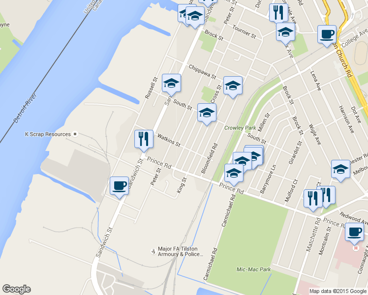 map of restaurants, bars, coffee shops, grocery stores, and more near Queen Street in Windsor