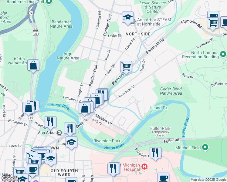 map of restaurants, bars, coffee shops, grocery stores, and more near 1307 Jones Drive in Ann Arbor