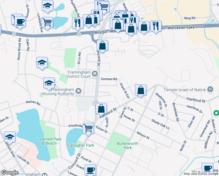 map of restaurants, bars, coffee shops, grocery stores, and more near 36 Belvidere Avenue in Framingham