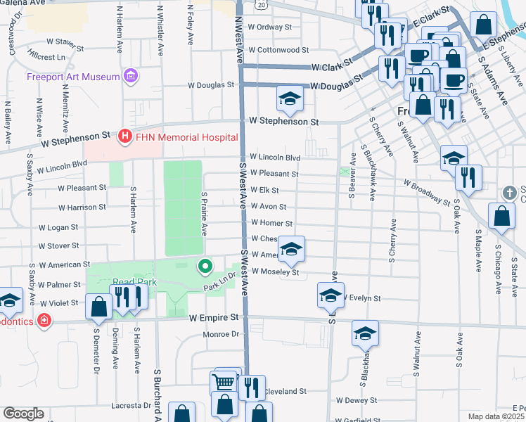 map of restaurants, bars, coffee shops, grocery stores, and more near 762 West Avon Street in Freeport
