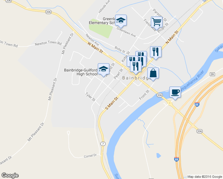 map of restaurants, bars, coffee shops, grocery stores, and more near Walnut Avenue in Bainbridge