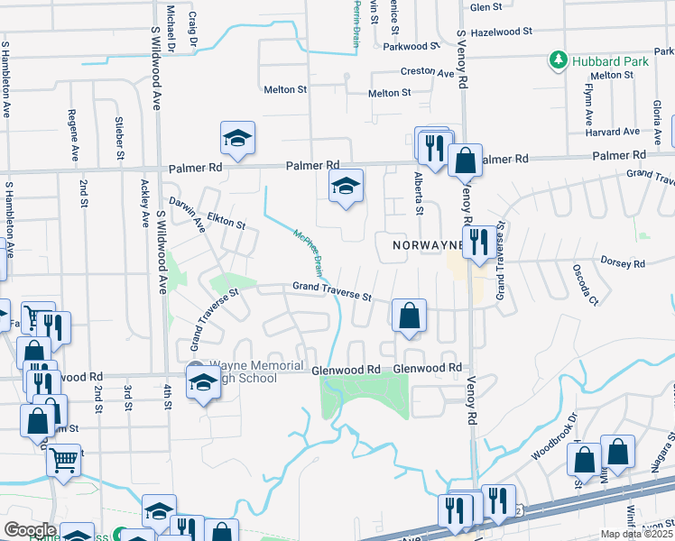 map of restaurants, bars, coffee shops, grocery stores, and more near 33572 Berville Court in Westland