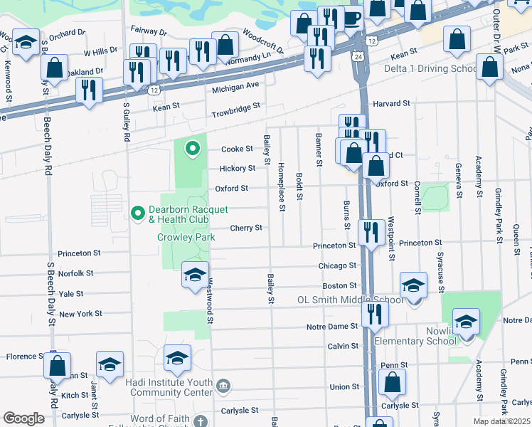 map of restaurants, bars, coffee shops, grocery stores, and more near 2651 Bailey Street in Dearborn