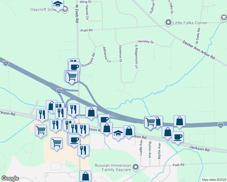 map of restaurants, bars, coffee shops, grocery stores, and more near 5179 Christine Court in Ann Arbor