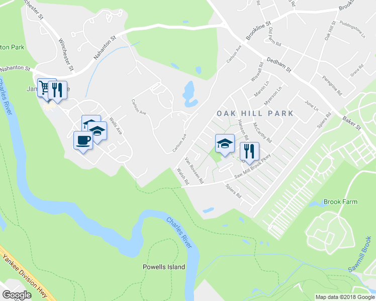 map of restaurants, bars, coffee shops, grocery stores, and more near 227 Wiswall Road in Newton