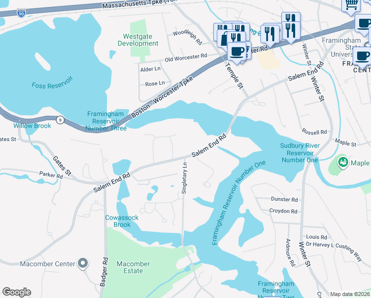map of restaurants, bars, coffee shops, grocery stores, and more near 389 Salem End Road in Framingham