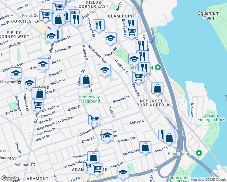 map of restaurants, bars, coffee shops, grocery stores, and more near 22 North Munroe Terrace in Boston