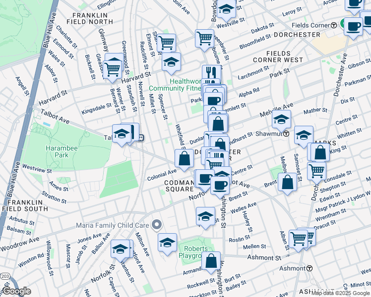 map of restaurants, bars, coffee shops, grocery stores, and more near 87 Whitfield Street in Boston