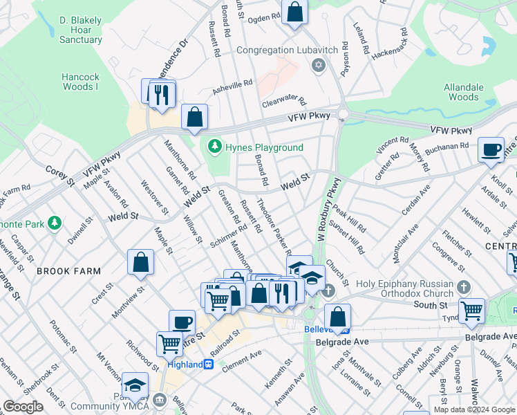 map of restaurants, bars, coffee shops, grocery stores, and more near 160 Theodore Parker Road in Boston