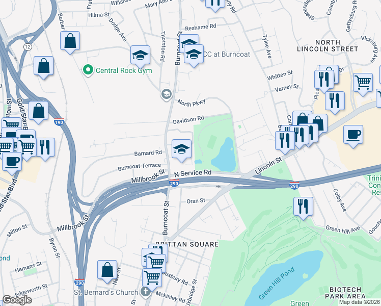 map of restaurants, bars, coffee shops, grocery stores, and more near 16 Belvidere Avenue in Worcester