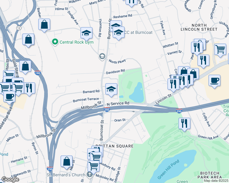 map of restaurants, bars, coffee shops, grocery stores, and more near 16 Belvidere Avenue in Worcester