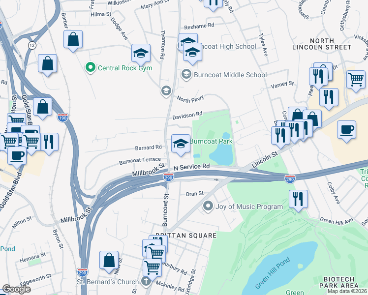 map of restaurants, bars, coffee shops, grocery stores, and more near 16 Belvidere Avenue in Worcester