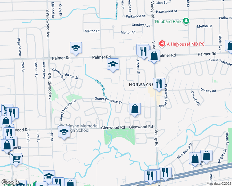 map of restaurants, bars, coffee shops, grocery stores, and more near 33520 Berville Court in Westland