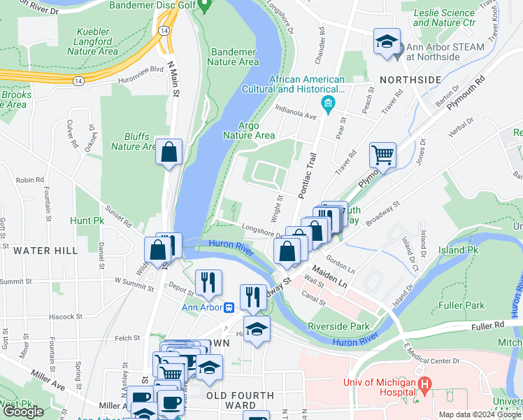 map of restaurants, bars, coffee shops, grocery stores, and more near 1211 Wright Street in Ann Arbor