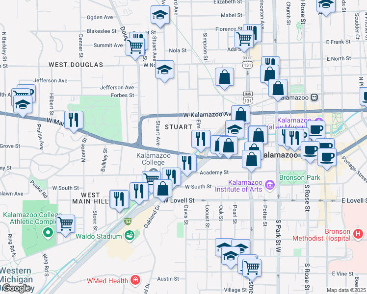 map of restaurants, bars, coffee shops, grocery stores, and more near 211 Woodward Avenue in Kalamazoo