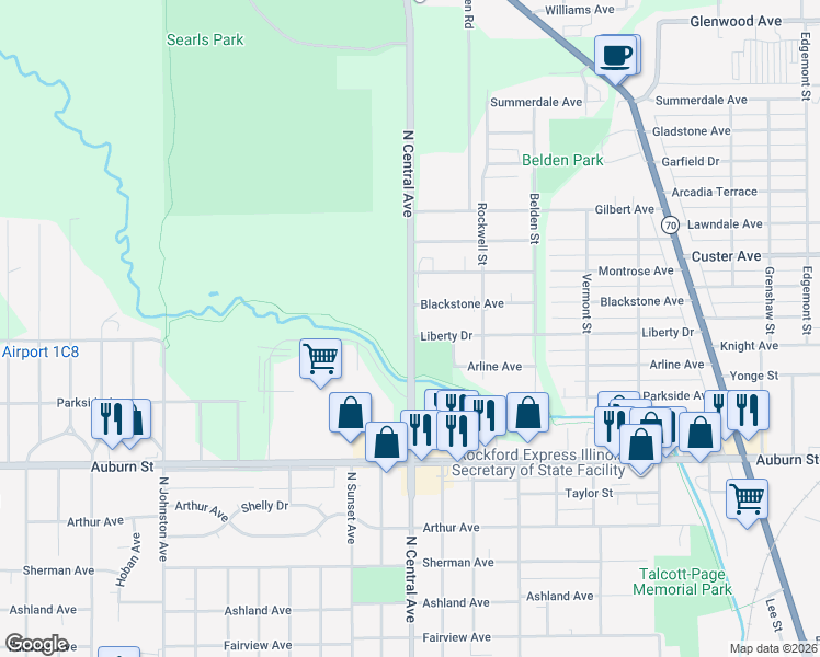 map of restaurants, bars, coffee shops, grocery stores, and more near in Rockford