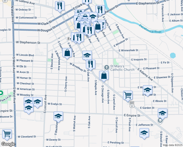 map of restaurants, bars, coffee shops, grocery stores, and more near 209 West Broadway Street in Freeport