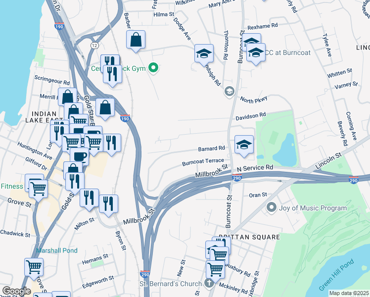 map of restaurants, bars, coffee shops, grocery stores, and more near 68 Barnard Road in Worcester