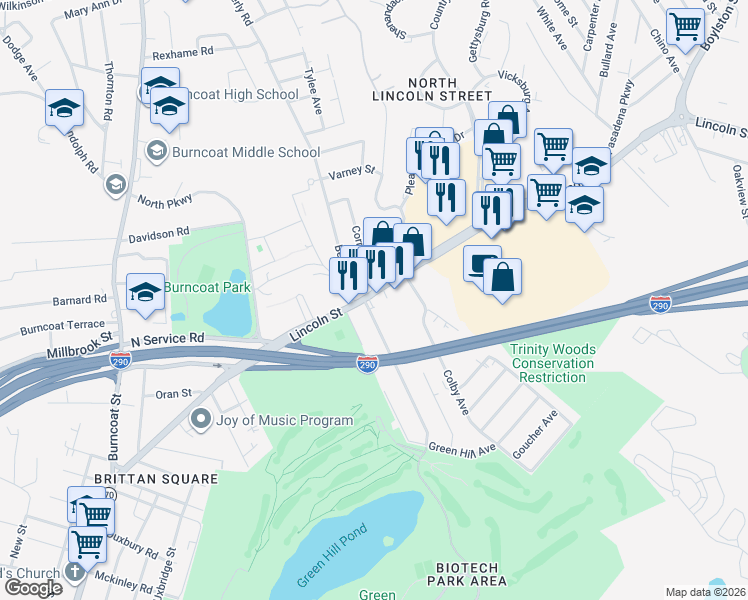 map of restaurants, bars, coffee shops, grocery stores, and more near 450 Lincoln Street in Worcester
