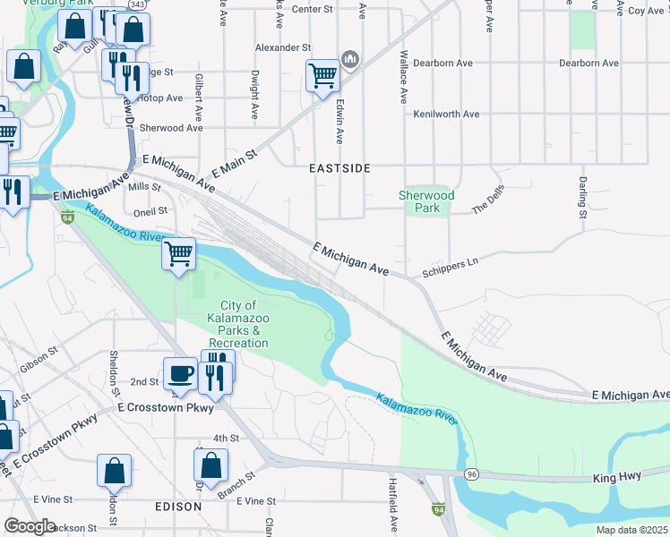 map of restaurants, bars, coffee shops, grocery stores, and more near 105 Burke Court in Kalamazoo