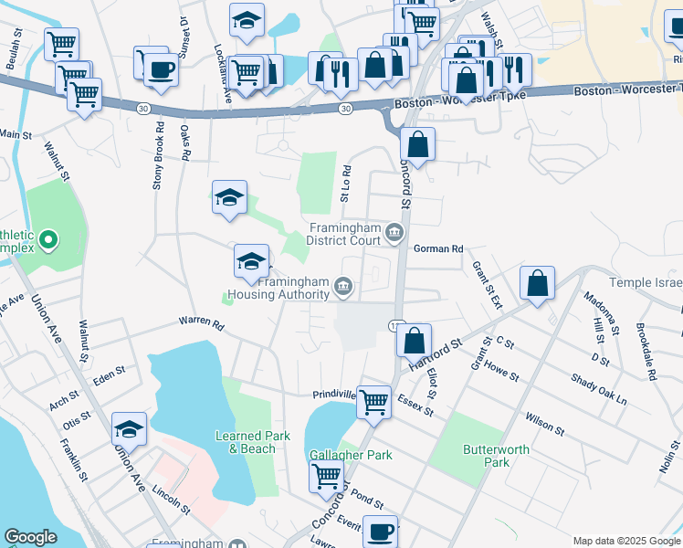map of restaurants, bars, coffee shops, grocery stores, and more near John J Brady Drive in Framingham