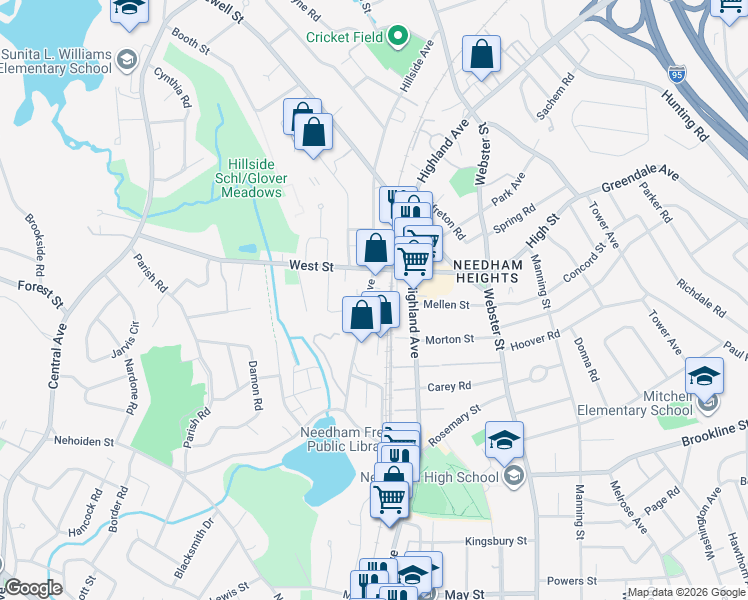 map of restaurants, bars, coffee shops, grocery stores, and more near 388 Hillside Avenue in Needham