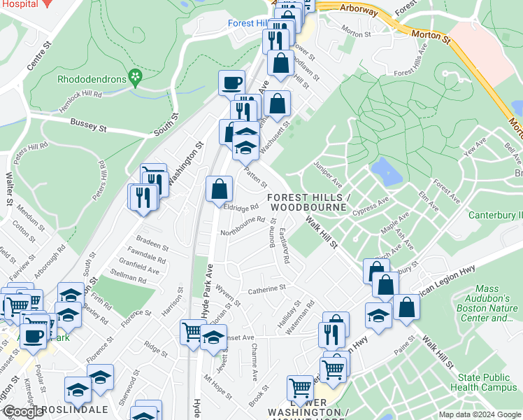 map of restaurants, bars, coffee shops, grocery stores, and more near 35 Eldridge Road in Boston