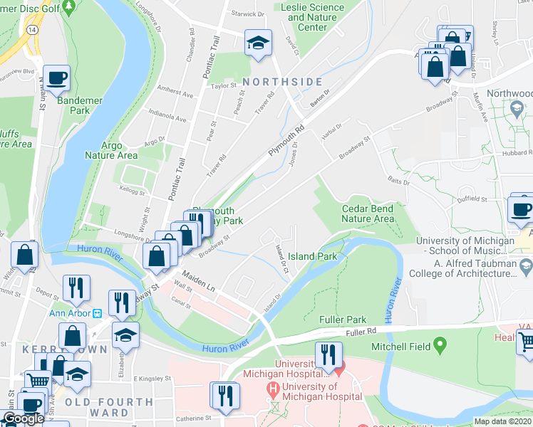map of restaurants, bars, coffee shops, grocery stores, and more near 1422 Broadway Street in Ann Arbor