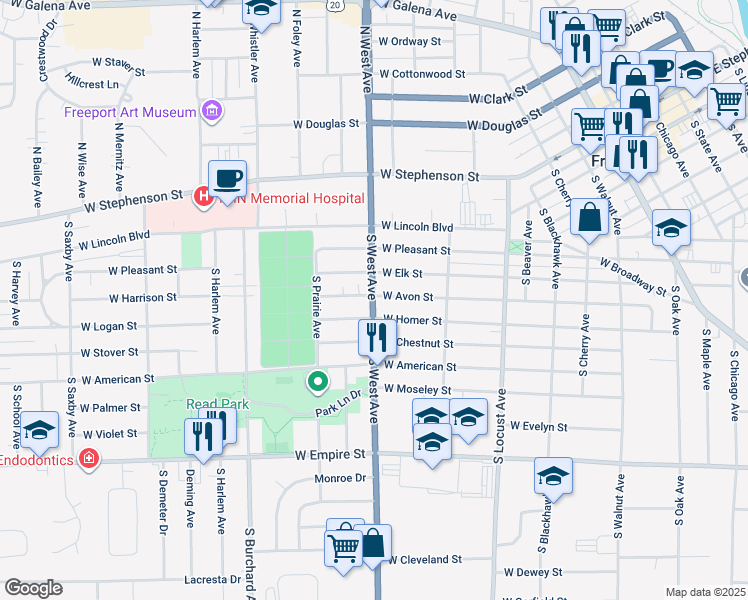 map of restaurants, bars, coffee shops, grocery stores, and more near 817 Illinois 26 in Freeport