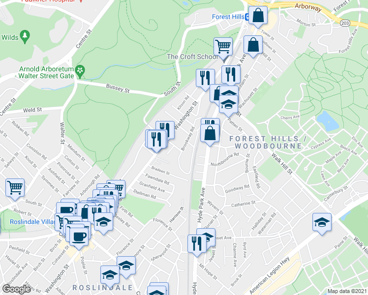 map of restaurants, bars, coffee shops, grocery stores, and more near 120 Brookway Road in Boston