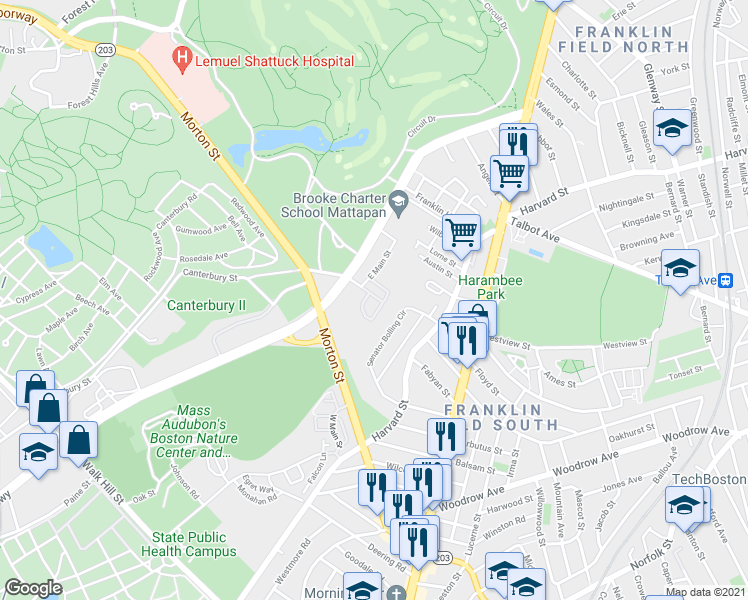 map of restaurants, bars, coffee shops, grocery stores, and more near 24 Kingbird Road in Boston