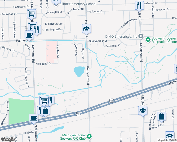 map of restaurants, bars, coffee shops, grocery stores, and more near 2555 Henry Ruff Road in Inkster