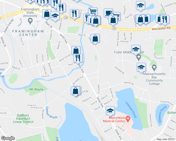 map of restaurants, bars, coffee shops, grocery stores, and more near 475 Union Avenue in Framingham