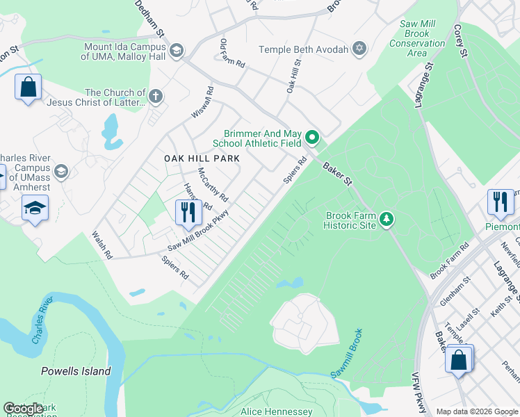 map of restaurants, bars, coffee shops, grocery stores, and more near 15 B Roadway in Newton