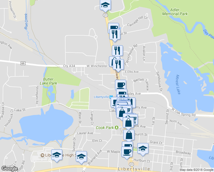 map of restaurants, bars, coffee shops, grocery stores, and more near 212 Johnson Avenue in Libertyville
