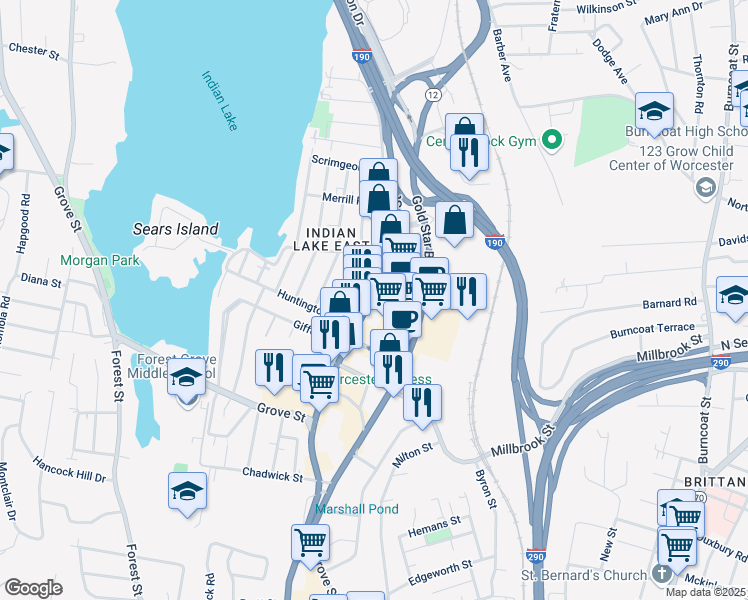 map of restaurants, bars, coffee shops, grocery stores, and more near 98 Massachusetts 12 in Worcester