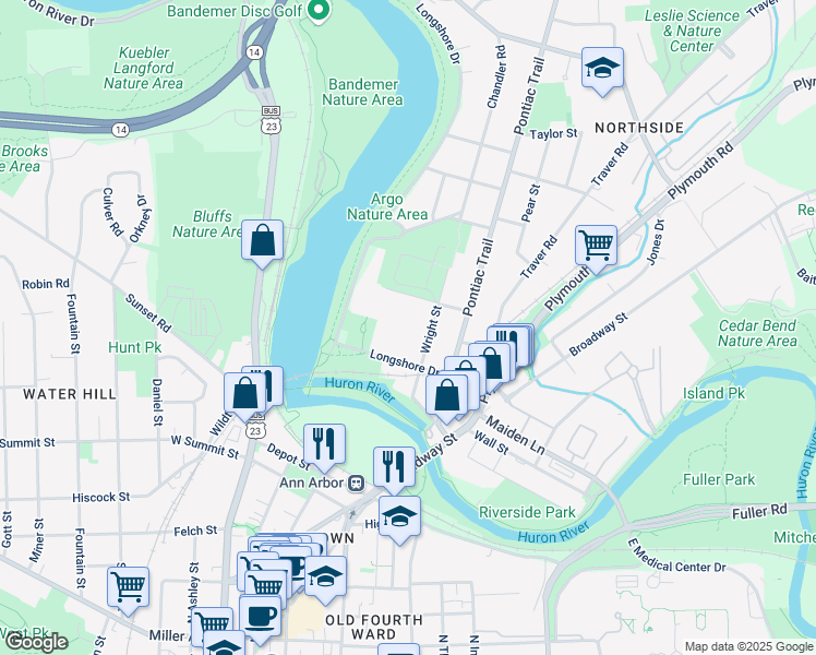 map of restaurants, bars, coffee shops, grocery stores, and more near 539 Longshore Drive in Ann Arbor