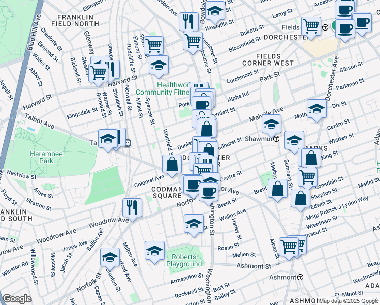 map of restaurants, bars, coffee shops, grocery stores, and more near 22 Rosedale Street in Boston