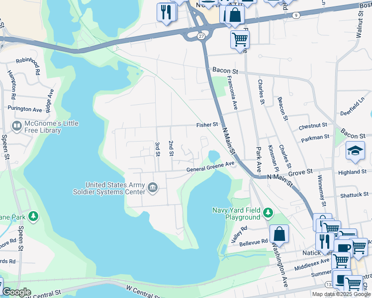map of restaurants, bars, coffee shops, grocery stores, and more near 24 Lakeview Gardens in Natick