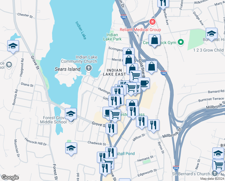 map of restaurants, bars, coffee shops, grocery stores, and more near 4 Loring Street in Worcester