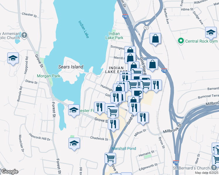 map of restaurants, bars, coffee shops, grocery stores, and more near 2 Boyd Street in Worcester