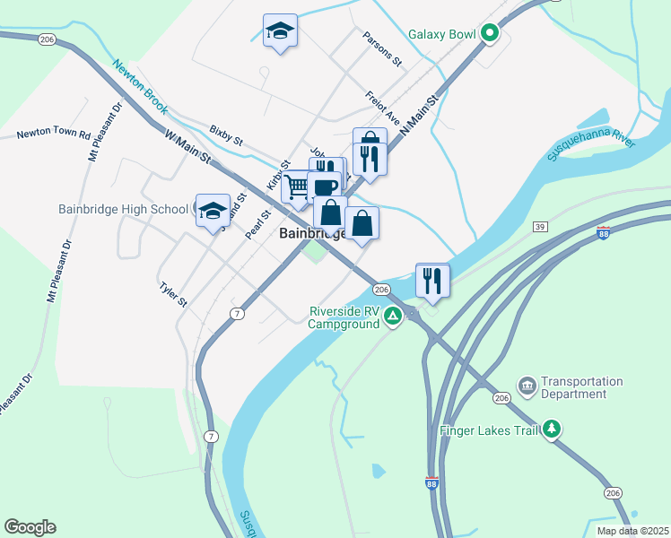 map of restaurants, bars, coffee shops, grocery stores, and more near 16 East Main Street in Bainbridge