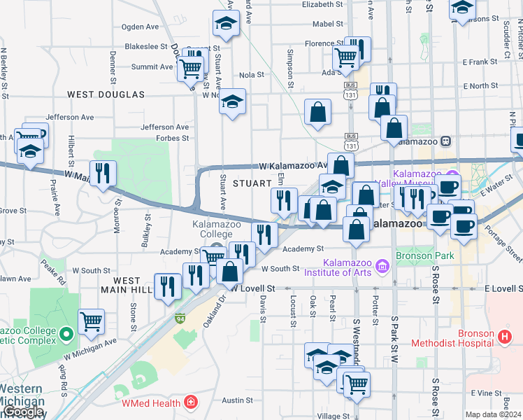 map of restaurants, bars, coffee shops, grocery stores, and more near 211 Woodward Avenue in Kalamazoo