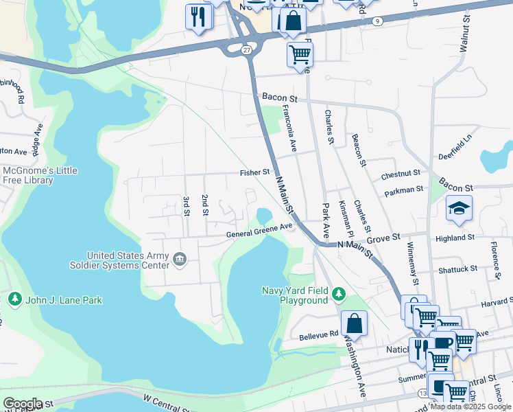 map of restaurants, bars, coffee shops, grocery stores, and more near 1 Heritage Lane in Natick