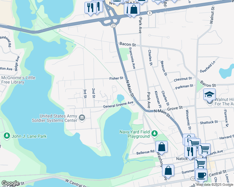 map of restaurants, bars, coffee shops, grocery stores, and more near 1 Heritage Lane in Natick